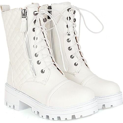 Square Pattern Side Zipper Platform Womens Boots Cross Strap Round Head Autumn And Winter Style Street Student Ankle Boots