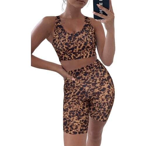 Women Brown Animal Yoga Activewear Fitness Shorts Set Brown Animal Yoga Activewear Fitness Shorts 2 Piece Set Leopard Running