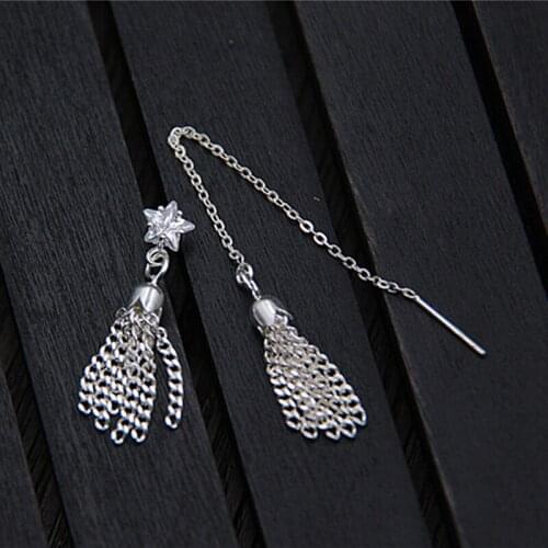 925 Sterling Silver Earring 82mm 30mm Shape Of Star Earring Tassel Pure Silver Earline Asymmetric Tassel Earring Boho Design
