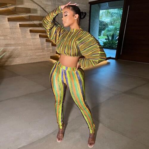 2021 Best Quality Famous Brand 2 pcs Women Set Striped O-neck Short Tops Long Pants Autumn Sexy Outfits