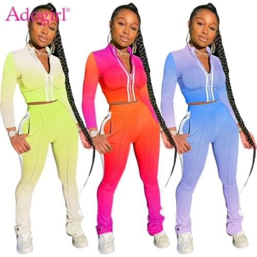 Adogirl Stripe Patchwork Changing Color Women Two Piece Set Long Sleeve Zipper Jacket Crop Top Pencil Pants Casual Suit Outfits
