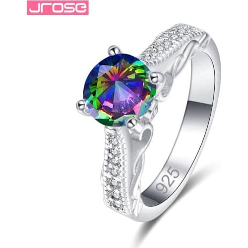 JROSE Classic Big Round Rainbow White Zircon Rings For Women Sterling Silver 925 Jewelry Wedding Engagement For lovers Gifts