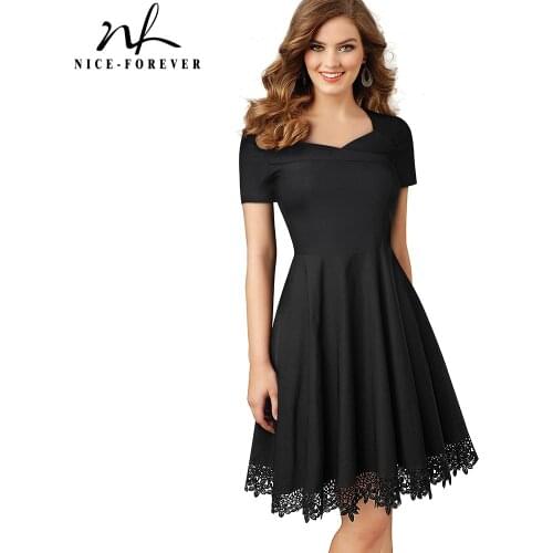 Nice-forever Summer Women Elegant Embroidery Black Lace Patchwork Dresses Cocktail Party Flare A-line Dress A032