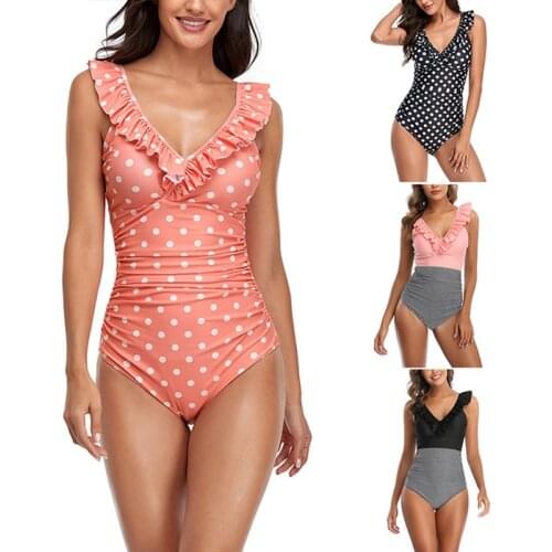 Womens Fashion Ruffled Sexy Bikini Polka Dot One Piece Triple-Cornered Swimsuit