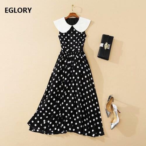 New 2021 Spring Hot Sale Dress High Quality Women Big Peter Pan Collar Polka Dot Print Mid-Calf Length Big Swing Dress Runway