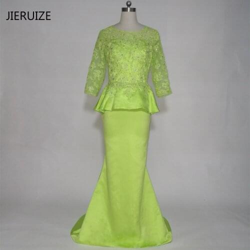 JIERUIZE robe de soiree Green Lace Appliques Mermaid Evening Dresses long Mother of the Bride Dresses Peplum Formal Dresses