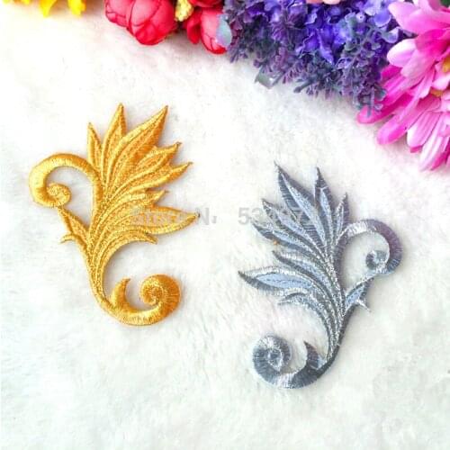 Gold And Silver Appliques 10 Pairs Iron On Embroidered Flowers Mirror Pair 9.5CM*7CM