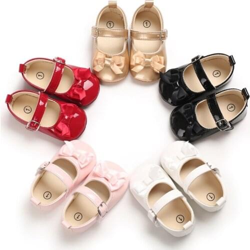 2021 Baby Girl Princess Bowknot Hook First Walkers Shoes First Step Christening Shiny Non-Slip Shallow Party Shoes