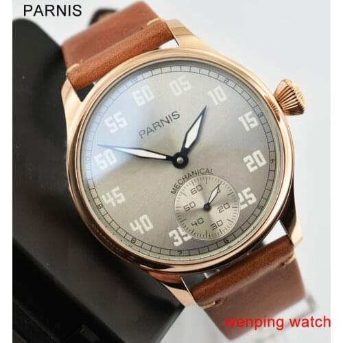 44mm PARNIS gray dial Cow Leather strap Steel Case Asia 6498 Hand Winding Movement Mens Watch