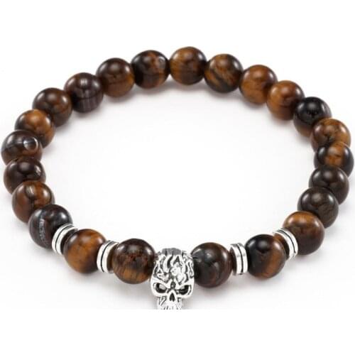 8mm hhh2 micro pave cz zircon cubic zirconia elastic adjusted Charm nature stone yellow Tigereye bead skull Charm Bracelet