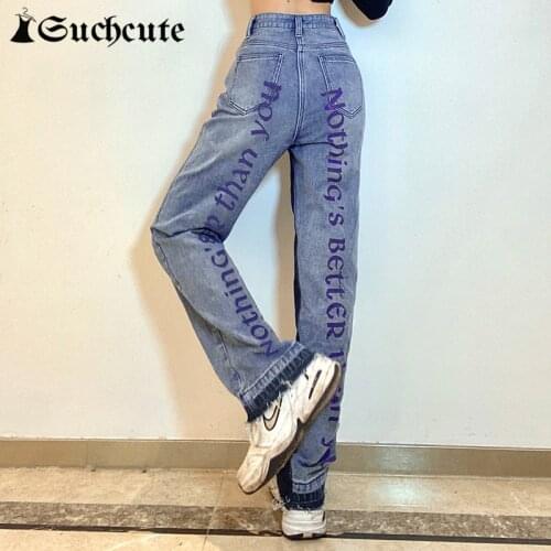 SUCHCUTE High Street Letter Printed High Waist Denim Pants 2021 y2k Fashion Women Straight Pants Korean Style Trousers Harajuku