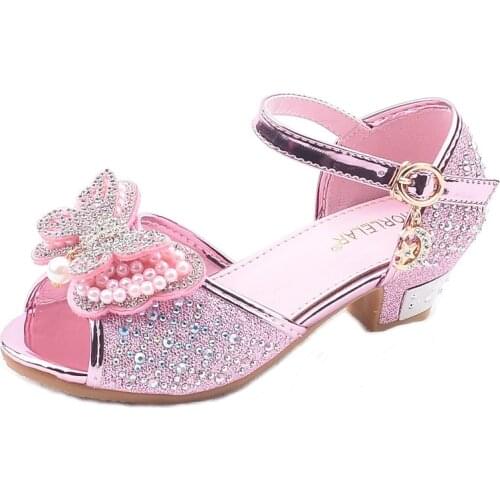 Princess Toddler Kids Leather Shoes for Girls Pearl Butterfly-Knot Crystal Single Party Shoes Sandals High-Heeled Dance Shoes