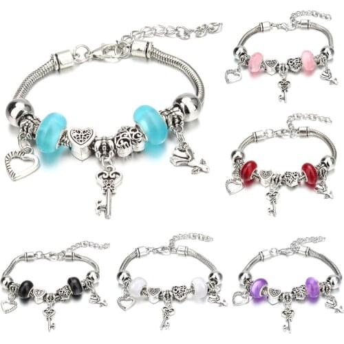 Dropshipping Vintage Heart Key Lock Shape Crystal Charm Bracelets for Women DIY Beads Brand Bracelets & Bangles Jewelry Gift