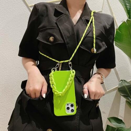 Fluorescence Crossbody Strap Phone Case for iphone 12 11 Pro Max XR XSMAX 7 8 Plus SE 2020 Marble Gemstone Hanging Chain Cover