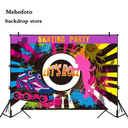 Mehofoto Skate Theme Backdrop Pink Neon Roller Skating Party Photography Background Vinyl Lets Roll Glow Skate Party Banner 980