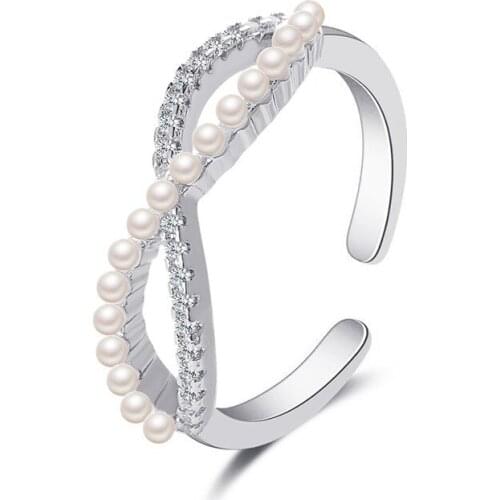 Lucky Number-8 Ring Crystal Pearl 8-shaped Ring Rose Gold Silver Color Rings For Women Jewelry Resizable Elegant Ring O173