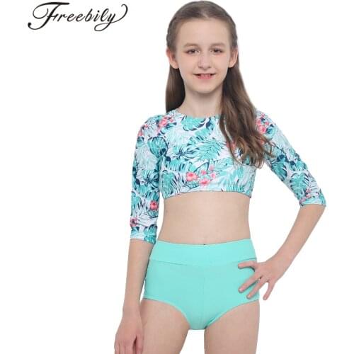 2Pcs Kids Girls Outfits Palm Leaf Floral Print Sport Suits Crop Top + Boyshorts Running Gym Yoga Sportwear 2pcs Childrens Set