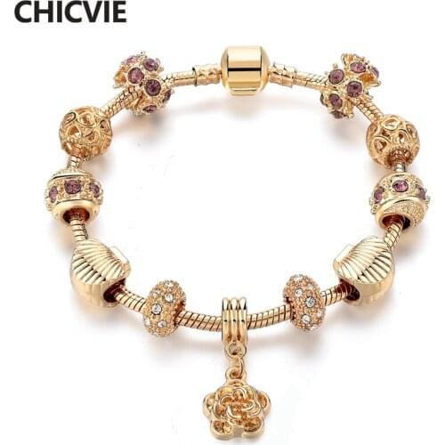 CHICVIE Gold Flowers Custom Glass Beads Bracelets & Bangles Charms For Jewelry Making Bracelet For Women DIY Bracelet SBR170113