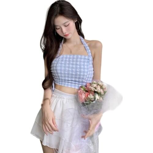 Womens Plaid Halte Lace-Up Slim Vest Summer Sexy Exposure Navel Camisole Tank Tops