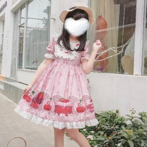 One Piece Kawaii Baby Doll Peter Pan Collar Cute Print Tea Party Lolita Dress For Women Summer New Soft Girl Short Sleeve Dress