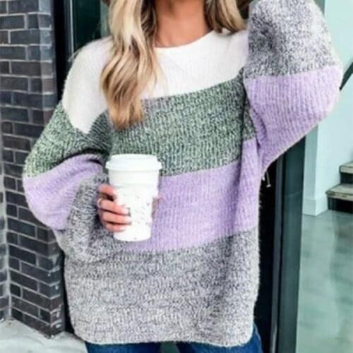 Autumn and Winter Knitted O-neck Long Sweater Stitching Four-color Womens Long-sleeved Sweater Slim Ladies All-match Long Top