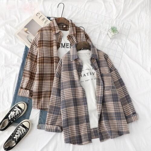 Autumn Womens Plaid Shirt Retro Loose Casual Long Sleeve Blouse Women Turn-down Collar Buttoned Tops Jacket Shirts for Women