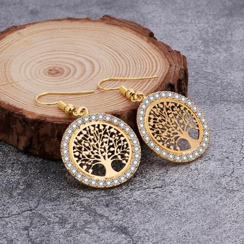 Silver Plated Black Tree of Life Drop Earrings For Women Accessories 2021 Round Crystal Earring Ethnic Jewelry Best Friend Gift