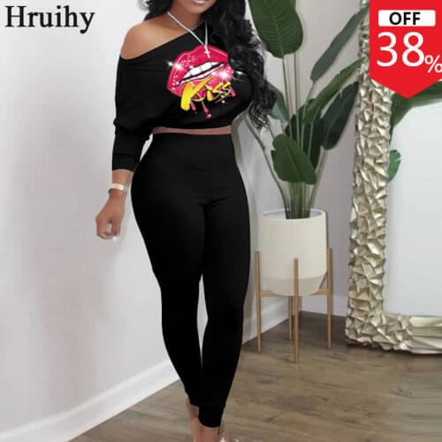 Casual Elegant Two Piece Outfits Off Shoulder Long Sleeve Top&long Pant Lips Print Tracksuits Women Set Fitness Ladies Clothing