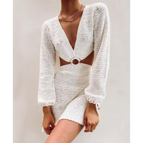 Puloru New Elegant Deep V Neck Long Sleeve Knitted Dress Women Ladies Backless Crochet Beach Dress Vacation Party Cut Out Front