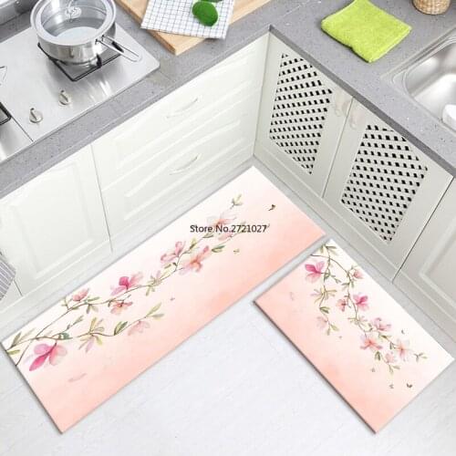 Fresh Floral Pink Floor Mat for Kitchen Room Flannel Doormat Absorbent Entrance Mat Bedside Mat for Girl Room Hallway Mat