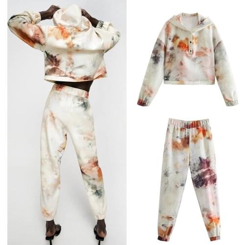 Women Jogging Suits Za Fashion 2021 Tie Dye Vintage Hooded Sweatshirts Long Sleeve and High Wasit Elastic Women Joggers Pants