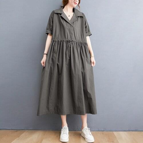 QPFJQD Ladies Cotton Dresses V-Neck Short Sleeve Summer Autumn Women Loose Elastic Waist Drawstring Dress Solid Color New