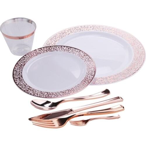 1 Sets of Rose Gold Disposable Tableware Set Cup Plastic Plate Table Knife Wedding Banquet Supplies