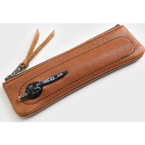 100% Genuine Leather Pen Bag Vintage Handmade Men Women Children Student Long Zipper Pencil Bag Case Holder Bags School Supplies