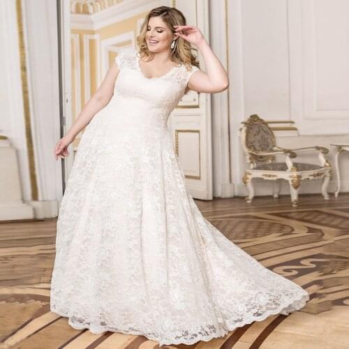 2020 A Line Lace Wedding Dresses Elegant V Neck Cap Sleeve Sweep Train Corset Bride Dress Plus Size Wedding Gown