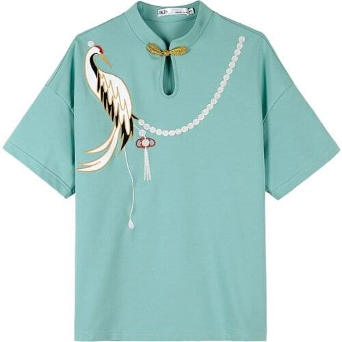 2021 chinese style womens ancient style t-shirt improved hanfu womens summer ethnic chinese style trendy blouse stand collar