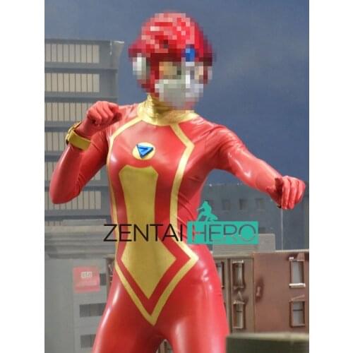 No Helmet! Heroine Womens Spandex Bodysuits Red Shiny Girl Lady Hero Zentai Catsuit Spandex Movie Sexy Superhero Leotard