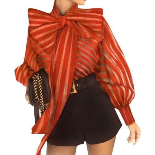 Fashion Womens Puff Long Sleeve Striped Sweet Blouses Streetwear Ladies Casual Mesh Casual Tops Bow Collar Shirts
