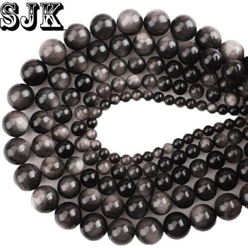 Natural Stone Silvery Obsidian Big GEM Round Beads 4 6 8 10 12 14 16MM Smooth Loose Beads For Bracelet Earrings Jewelry Making