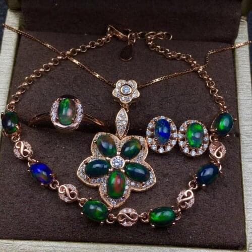 Black Opal Set 100% Natural and Real Black Opal jewelry set925 sterling silver 1pc pendant,1pc ring,2pcs Earring,1pc bracelet