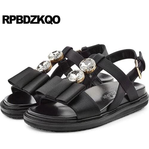 Designer Sandals Women Luxury 2017 Flatform Black Flower Flat Platform Bow T Strap Comfortable Jewel Satin Shoes Crystal Bowtie