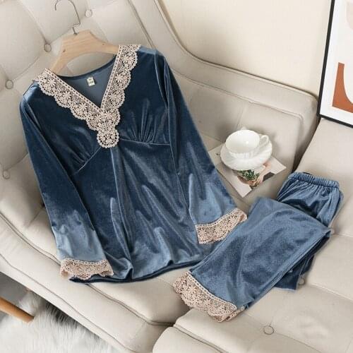 FZSLCYIYI Women Velour Pajamas Set Long Sleeve Long Pant Pyjama Suit Autumn Lace Trim Velvet 2PCS Sleepwear Nightwear Pijamas
