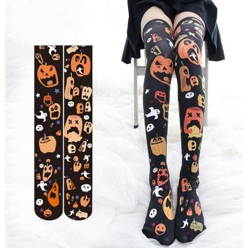 Halloween Scary Cosplay Ladys Sexy Over Knee Socks Ghost Pumpkin Skeleton Print Horror Anime Thigh High Socks Gothic Lolita