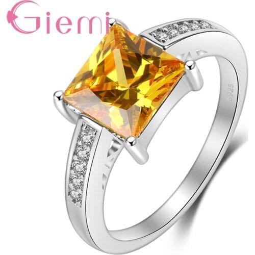 Hot Sale Minimalist Square Finger Rings High Quality Champagne Crystal Jewelry Real Silver Engagement Anel