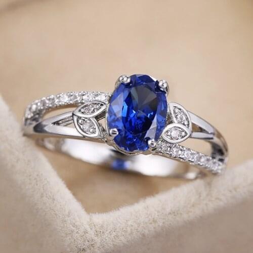 Huitan Delicate Green/Blue/White Oval Zircon Women Wedding Ring High Quality Hollow Leaf Band Engagement Proposal Female Rings