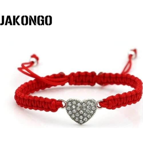 JAKONGO Crystal Love Heart Charm Bracelet Braided Red Rope Bracelet for Women Men Adjustable Handmade Bracelet