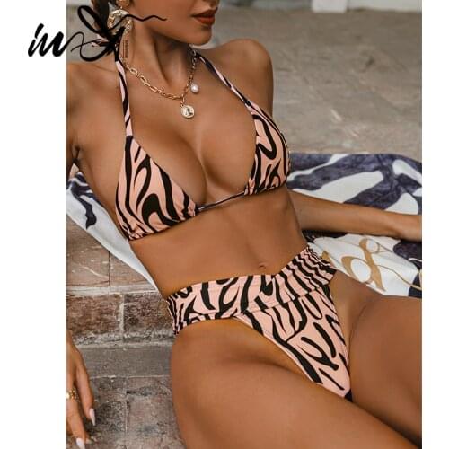 In-X Brazilian Halter 2 pieces set Sexy thong swimsuit women Stripe bikini 2021 Triangle swimwear female High cut bathing suit