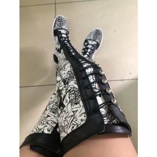 Winter Hot Girls Spike Rivets Studs Round Toe Lace Up Thigh Boots Woman Black Printed Over The Knee Casual Flat Boots Shoes