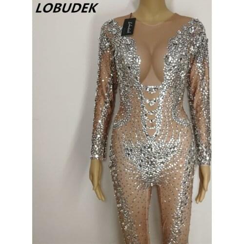 Flashing Silver Full Rhinestones Elastic Jumpsuit Sexy Skinny Rompers Bar Nightclub Women Stage Wear Party Celebration Costumes