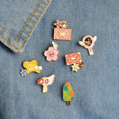 Cartoon Brooches Lovely girl cherry blossom with diamond bird magic stick children clothes badge Jewelry accessories students
